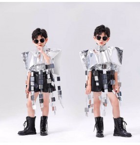 Boys Children Silver sequins jazz hiphop street dance costumes model show runway show clothes Sci-fi futuristic design costume Studio photography outfits for kids